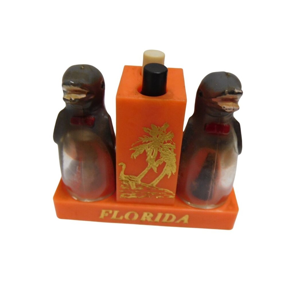 Vintage Double Dolphin Dual Salt And Pepper Shaker Mechanical Set Florida